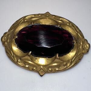 Antique 1900s Arts Crafts Nouveau gold gilt brass purple glass sash pin brooch